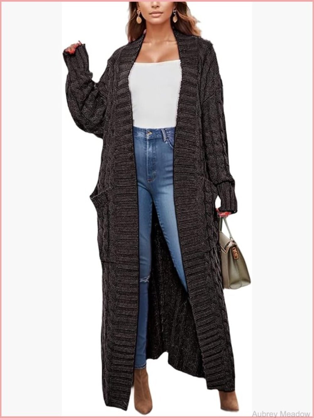 Open Front Long Sleeve Cable Knit Cardigan Sweater with Pockets